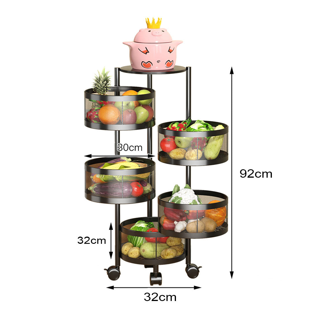 SOGA 5 Tier Steel Round Rotating Kitchen Cart Multi-Functional Shelves Portable Storage Organizer with Wheels - Cafe Supply