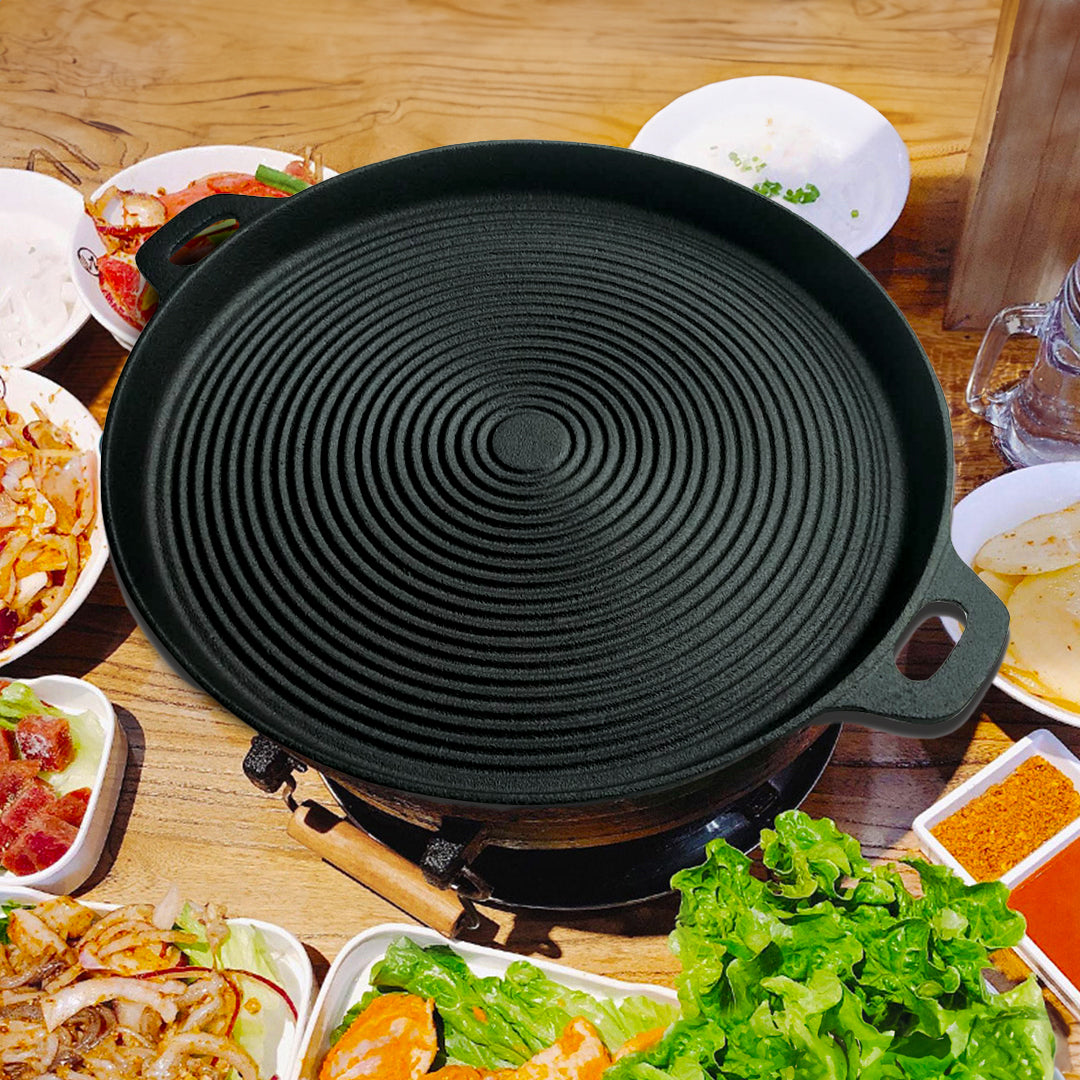 SOGA 35cm Round Ribbed Cast Iron Frying Pan Skillet Steak Sizzle Platter with Handle - Cafe Supply