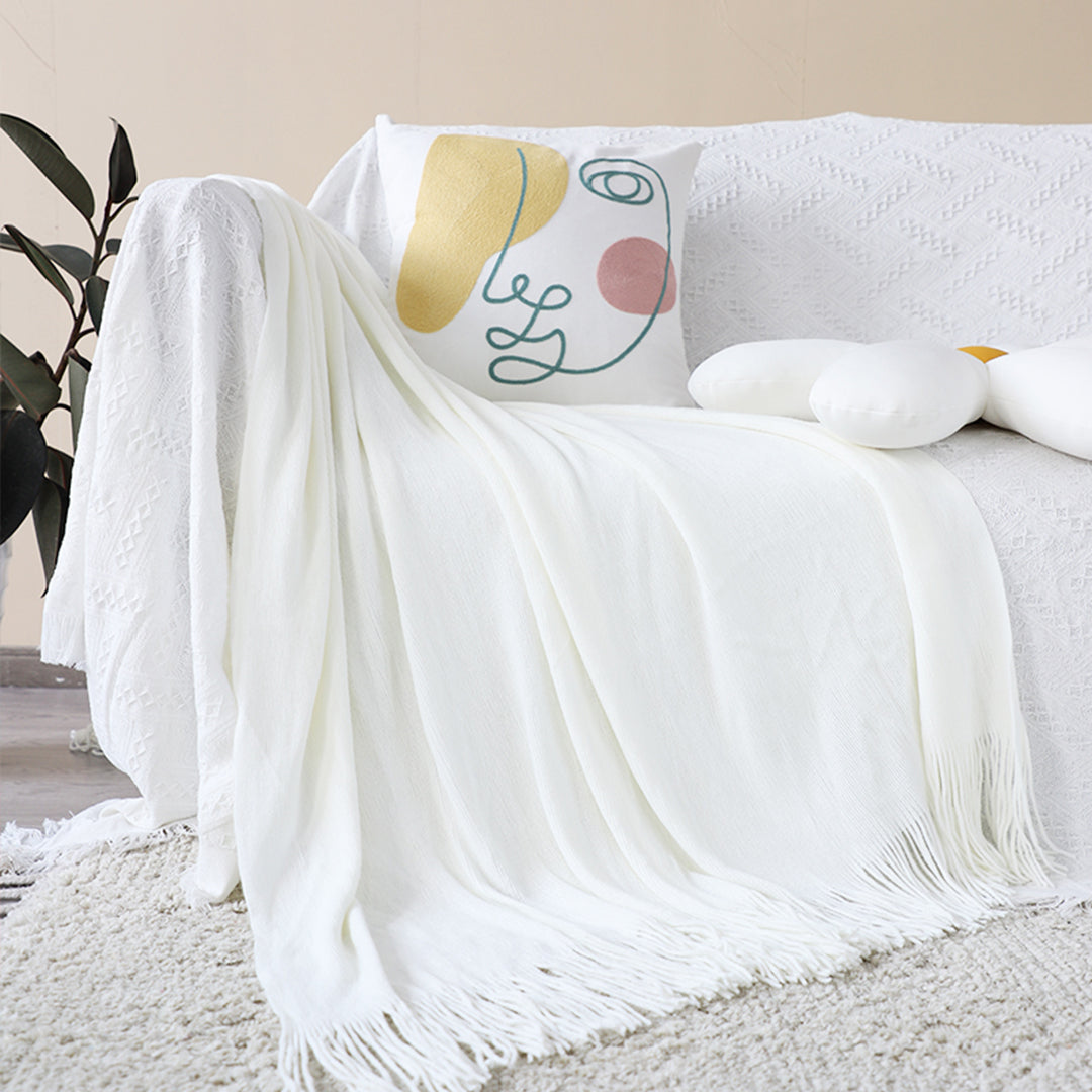 SOGA White Acrylic Knitted Throw Blanket Solid Fringed Warm Cozy Woven Cover Couch Bed Sofa Home Decor - Cafe Supply