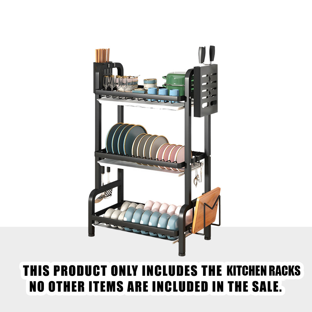 SOGA 3 Tier 62cm Steel Black Kitchen Countertop Drying Rack Dish Plate Cutlery Cutting Board Holder Dish Drainer Kitchen Organiser - Cafe Supply