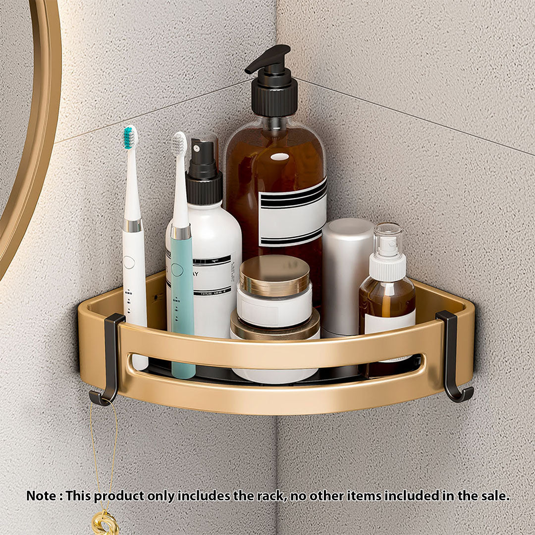 SOGA 2X Gold Wall-Mounted Triangular Bathroom Storage Corner Vanity Organiser Space Saving Adhesive Shelf Rack with Hooks - Cafe Supply