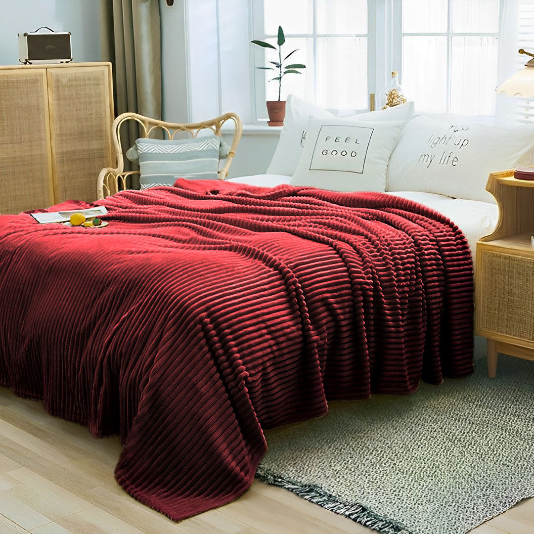 SOGA Burgundy Throw Blanket Warm Cozy Striped Pattern Thin Flannel Coverlet Fleece Bed Sofa Comforter - Cafe Supply