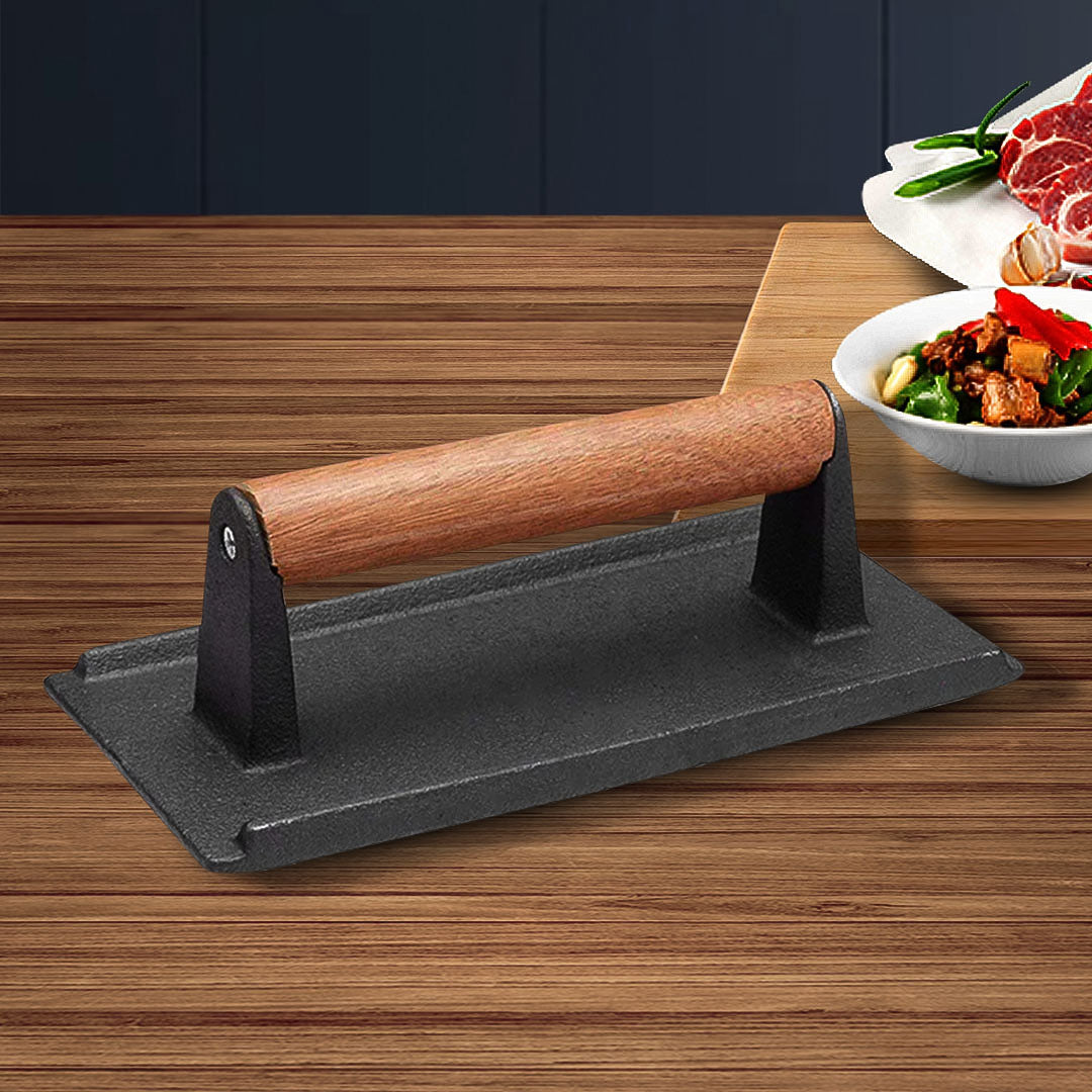 SOGA 2X Cast Iron Bacon Meat Steak Press Grill BBQ with Wood Handle Weight Plate - Cafe Supply