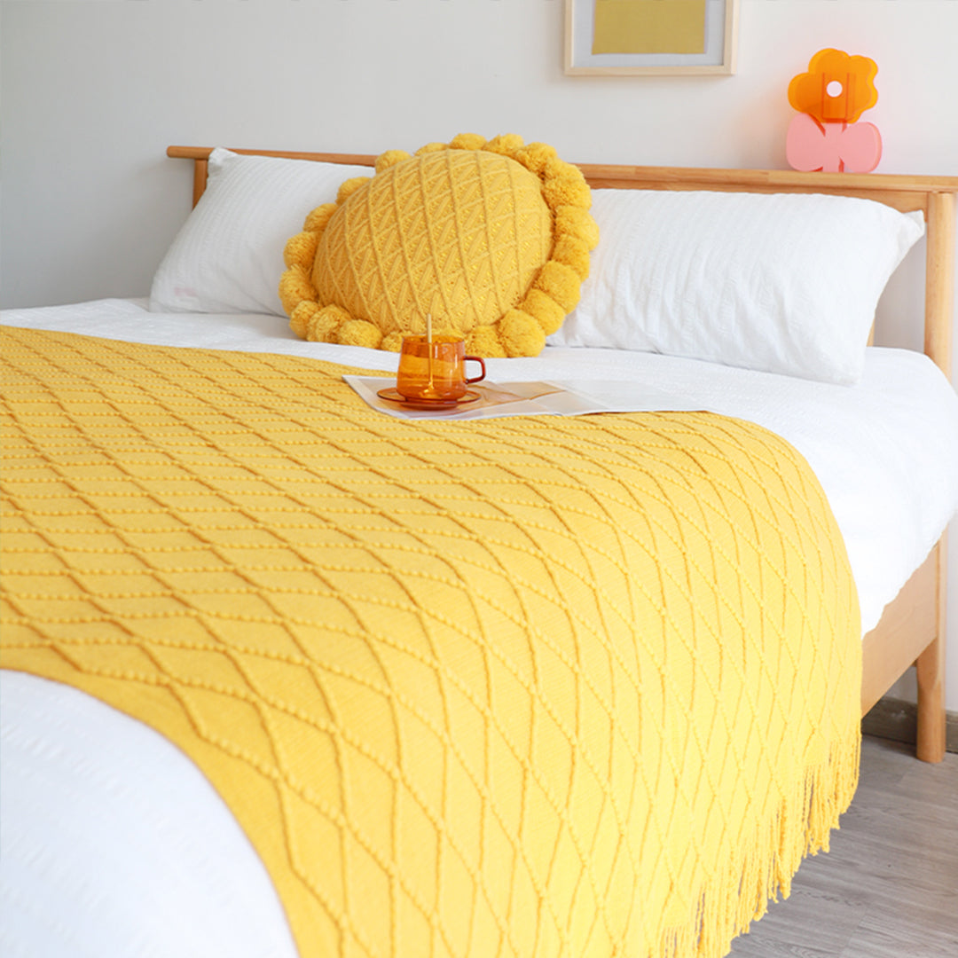 SOGA 2X Yellow Diamond Pattern Knitted Throw Blanket Warm Cozy Woven Cover Couch Bed Sofa Home Decor with Tassels - Cafe Supply