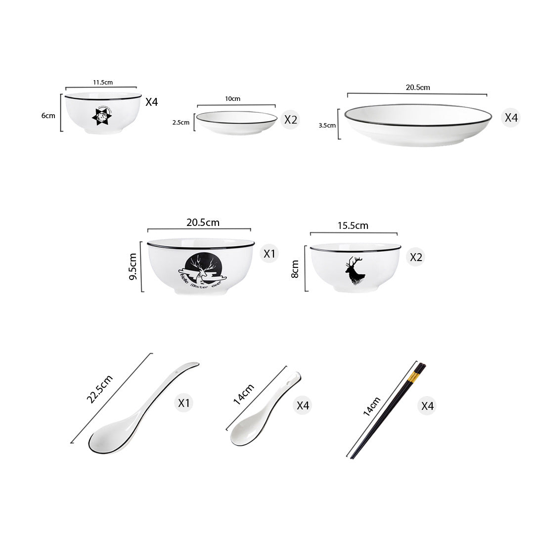 SOGA White Antler Printed Ceramic Dinnerware Set Crockery Soup Bowl Plate Server Kitchen Home Decor Set of 13 - Cafe Supply