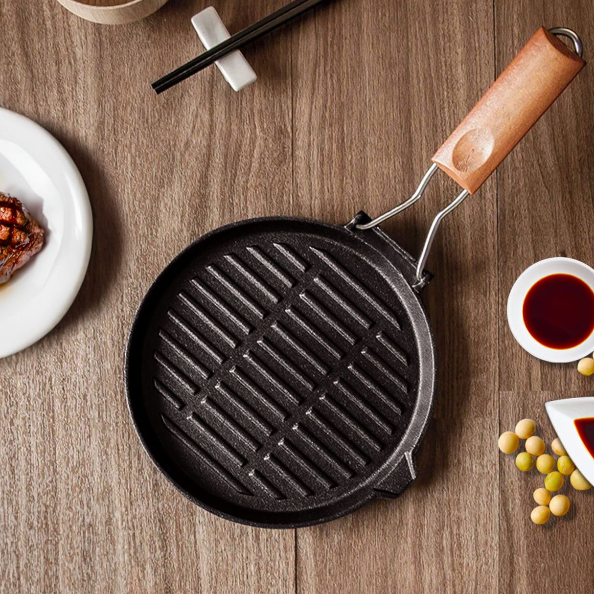 SOGA 24cm Round Ribbed Cast Iron Steak Frying Grill Skillet Pan with Folding Wooden Handle - Cafe Supply