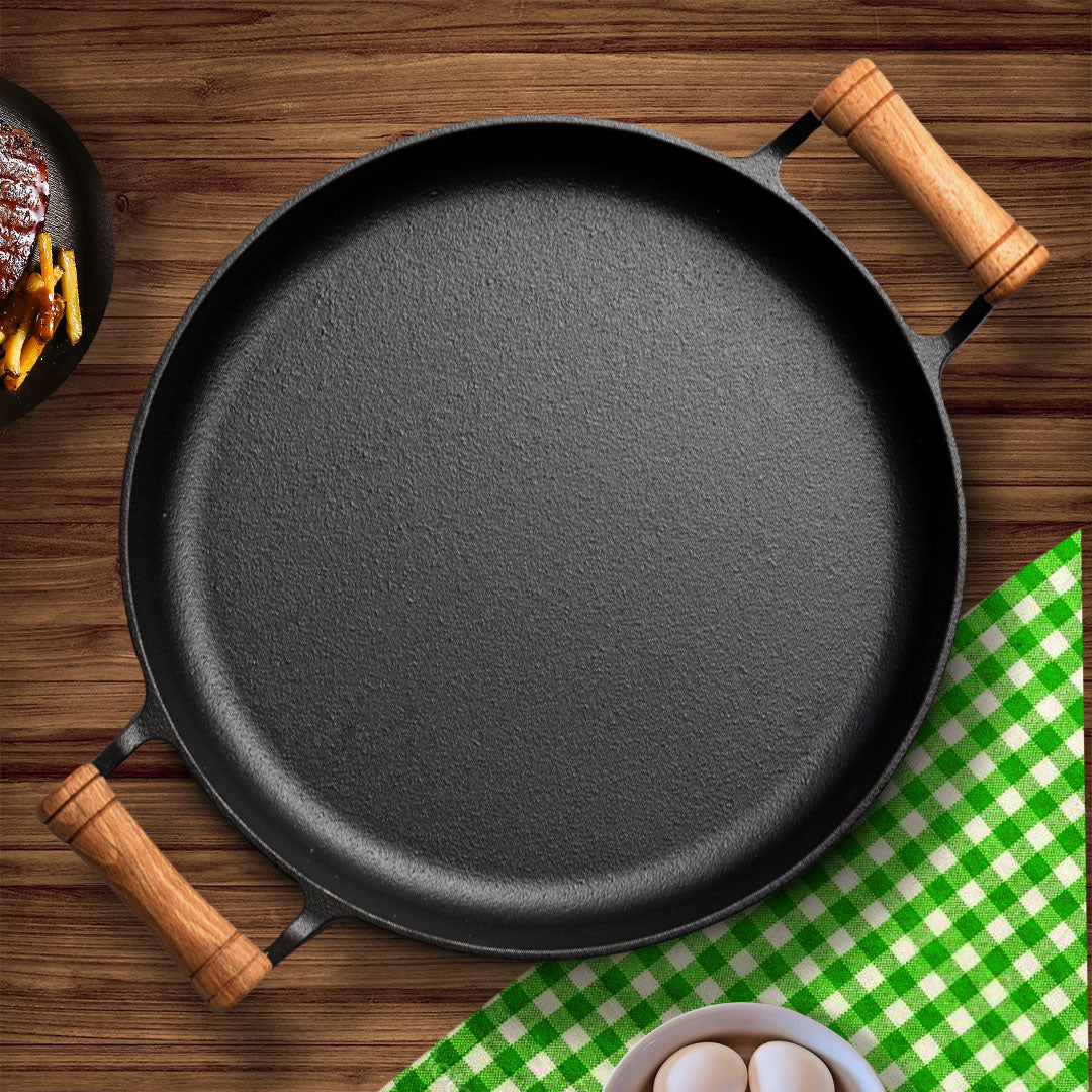 SOGA 31cm Cast Iron Frying Pan Skillet Steak Sizzle Fry Platter With Wooden Handle No Lid - Cafe Supply