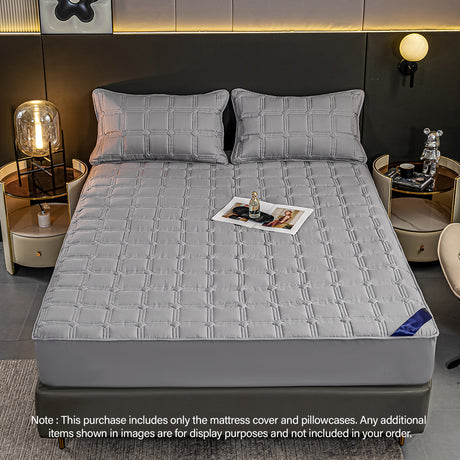 SOGA 2X Grey 153cm Wide Mattress Cover Thick Quilted Stretchable Bed Spread Sheet Protector with Pillow Covers - Cafe Supply