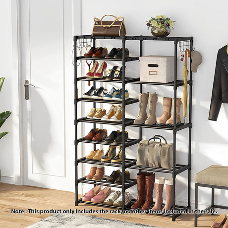 SOGA 2X 16-Shelf Tier Shoe Storage Shelf Space-Saving Caddy Rack Organiser with Side Hooks Black - Cafe Supply
