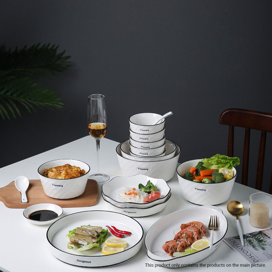 SOGA Diamond Pattern Ceramic Dinnerware Set Crockery Soup Bowl Plate Server Kitchen Home Decor Set of 4 - Cafe Supply