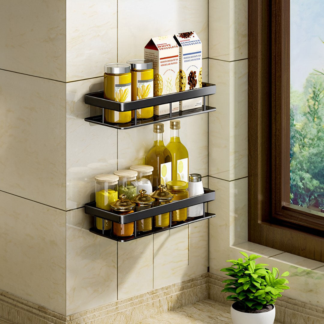 SOGA 2X Black Wall-Mounted Rectangular Bathroom Storage Organiser Space Saving Adhesive Shelf Rack - Cafe Supply