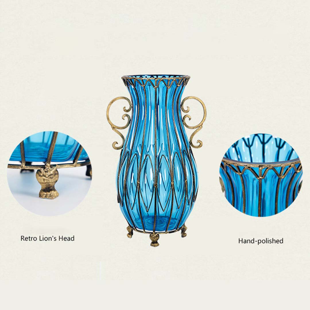 SOGA 51cm Blue Glass Oval Floor Vase with Metal Flower Stand - Cafe Supply