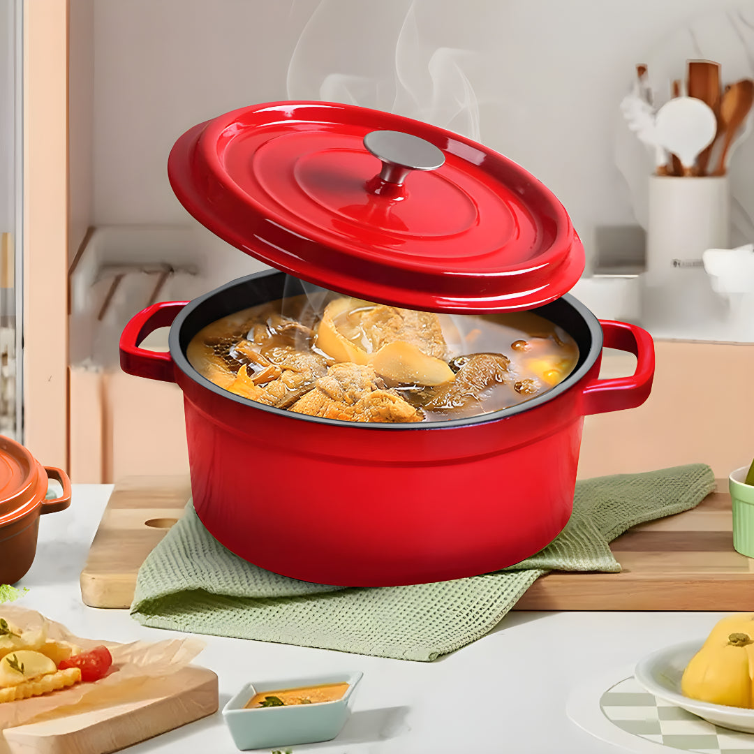 SOGA Cast Iron Enamel 24cm Porcelain Stewpot Casserole Stew Cooking Pot With Lid 3.6L Red - Cafe Supply