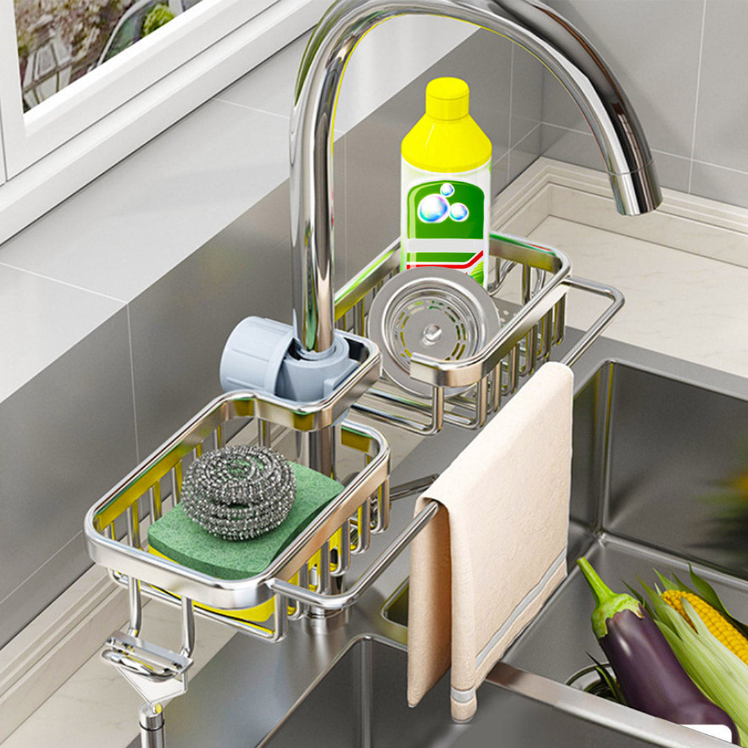 SOGA 2X Silver Kitchen Sink Organiser Faucet Soap Sponge Caddy Rack Drainer with Towel Bar Holder - Cafe Supply