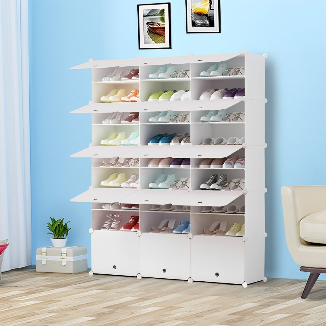 SOGA 9 Tier 3 Column White Shoe Rack Organizer Sneaker Footwear Storage Stackable Stand Cabinet Portable Wardrobe with Cover - Cafe Supply