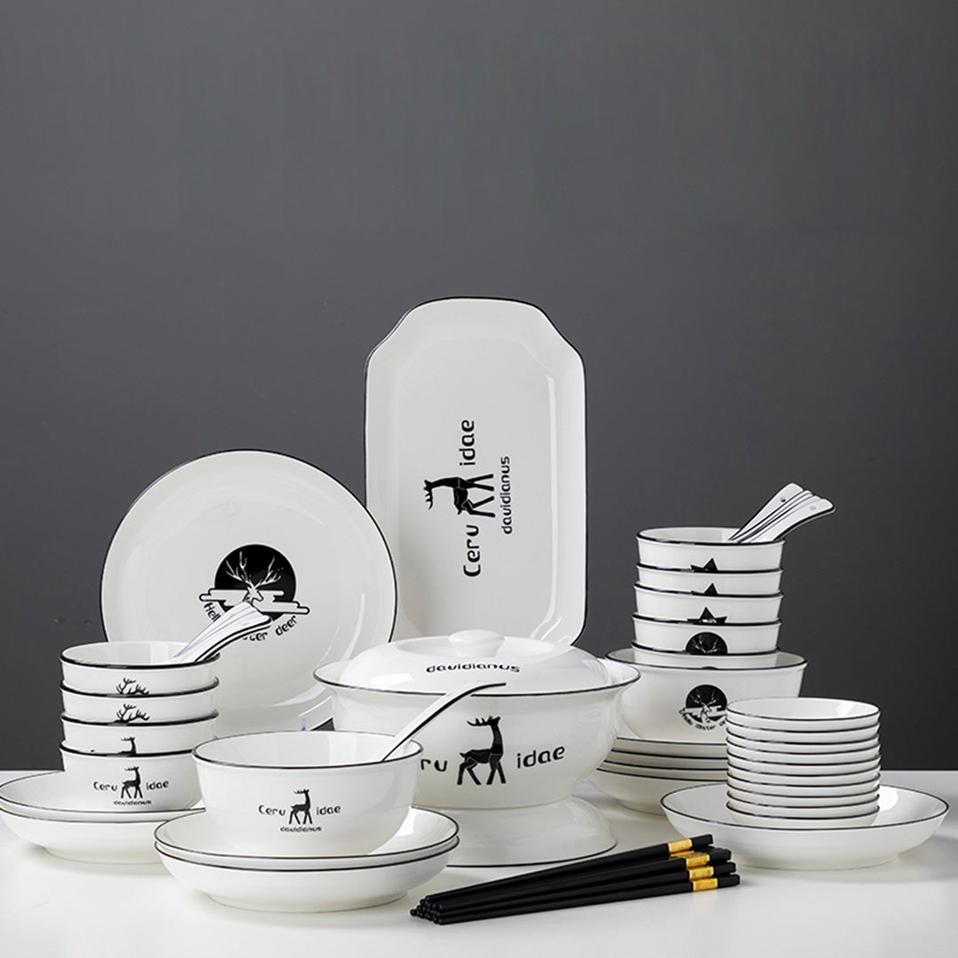 SOGA White Antler Printed Ceramic Dinnerware Set Crockery Soup Bowl Plate Server Kitchen Home Decor Set of 34 - Cafe Supply