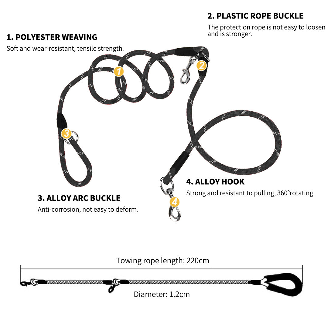 SOGA 2X 220cm Multifunction Hands-Free Rope Pet Cat Dog Puppy Double Ended Leash for Walking Training Tracking Obedience Black - Cafe Supply