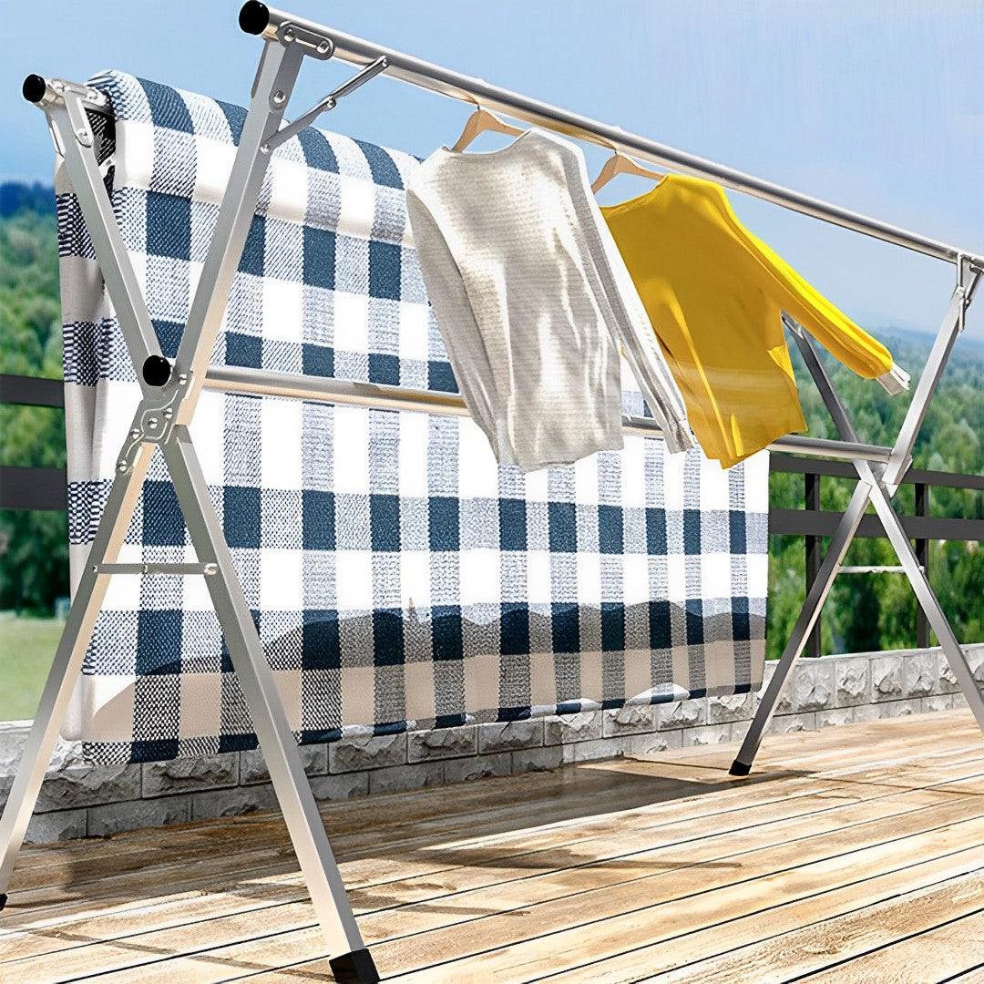 SOGA 2X 2.4m Portable Standing Clothes Drying Rack Foldable Space-Saving Laundry Holder 3 Poles - Cafe Supply