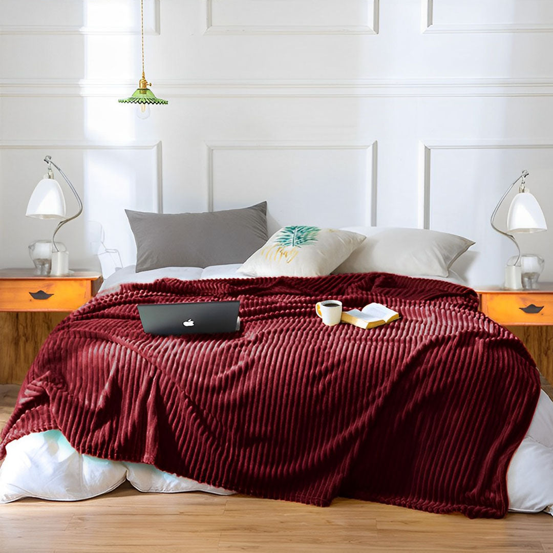 SOGA 2X Burgundy Throw Blanket Warm Cozy Striped Pattern Thin Flannel Coverlet Fleece Bed Sofa Comforter - Cafe Supply