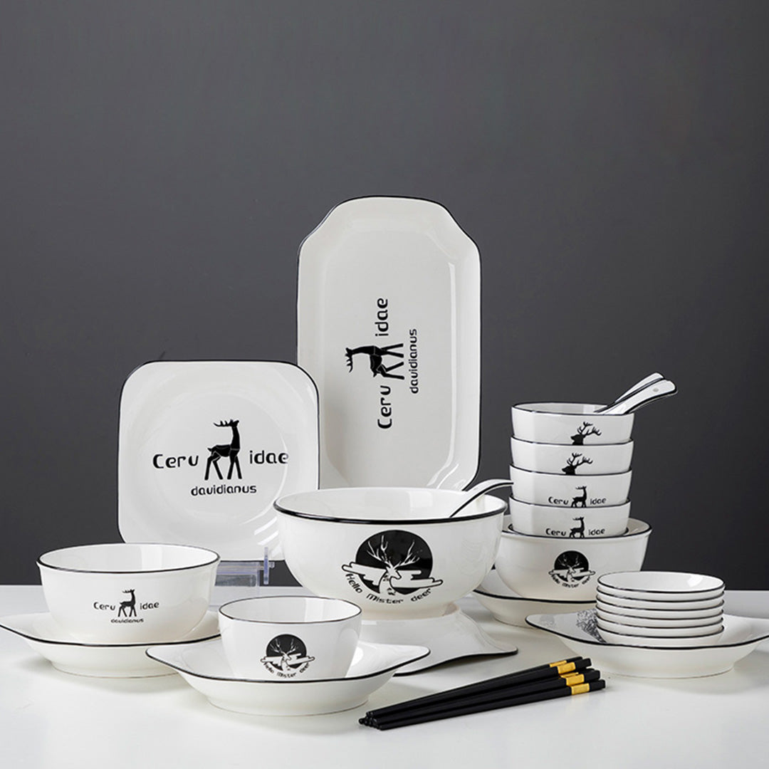 SOGA White Antler Printed Ceramic Dinnerware Set Crockery Soup Bowl Plate Server Kitchen Home Decor Set of 20 - Cafe Supply