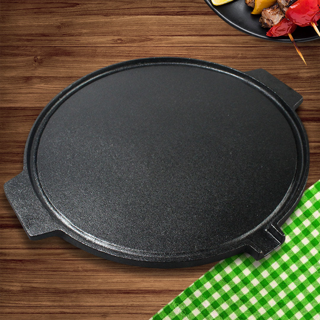 SOGA 30CM Round Cast Iron Korean BBQ Grill Plate with Handles and Drip Lip - Cafe Supply
