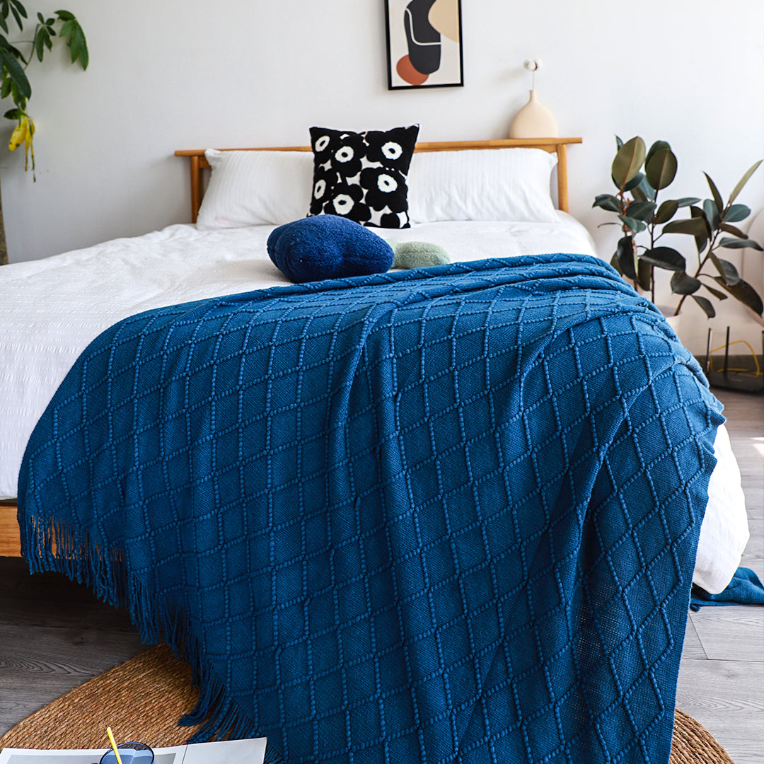 SOGA 2X Royal Blue Diamond Pattern Knitted Throw Blanket Warm Cozy Woven Cover Couch Bed Sofa Home Decor with Tassels - Cafe Supply