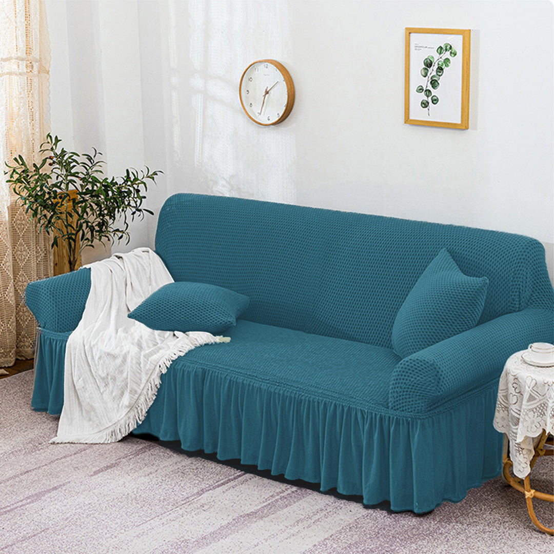 SOGA 4-Seater Blue Sofa Cover with Ruffled Skirt Couch Protector High Stretch Lounge Slipcover Home Decor - Cafe Supply