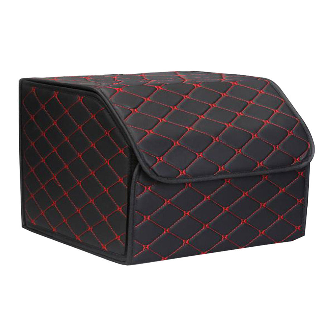 SOGA 4X Leather Car Boot Collapsible Foldable Trunk Cargo Organizer Portable Storage Box Black/Red Stitch Medium - Cafe Supply