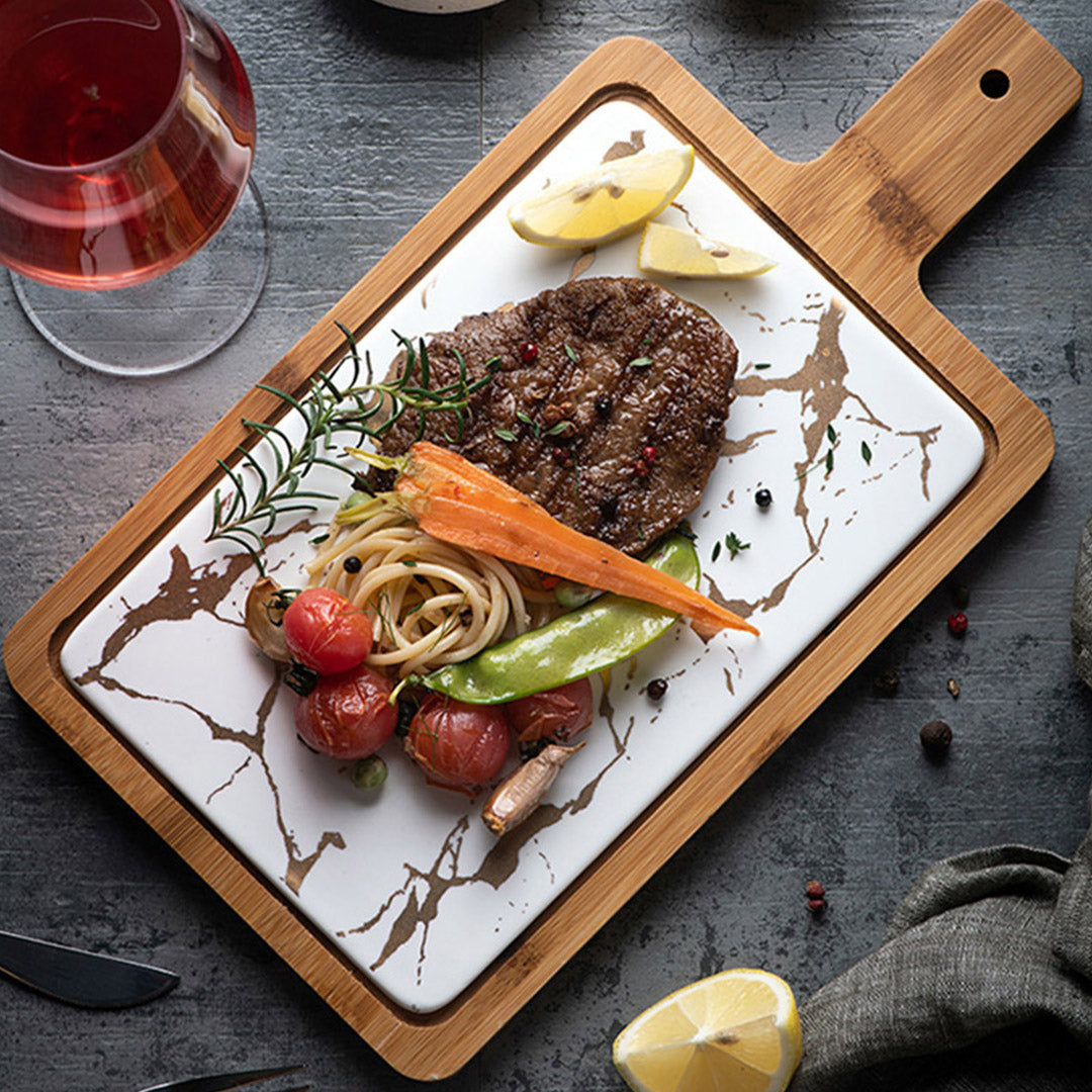 SOGA 2X 33.5cm White Square Wooden Serving Tray Slate Steak Serving Platter Chopping Board Paddle Home Decor - Cafe Supply