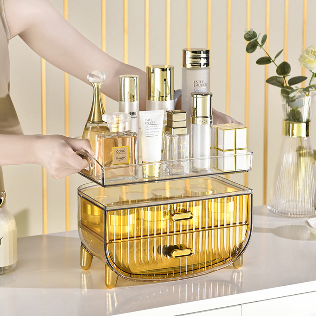SOGA 2X 2 Tier Golden Yellow Multifunctional Countertop Cosmetic Storage Makeup Skincare Holder Jewelry Cabinet Bathroom Desk Drawer Vanity Organiser - Cafe Supply