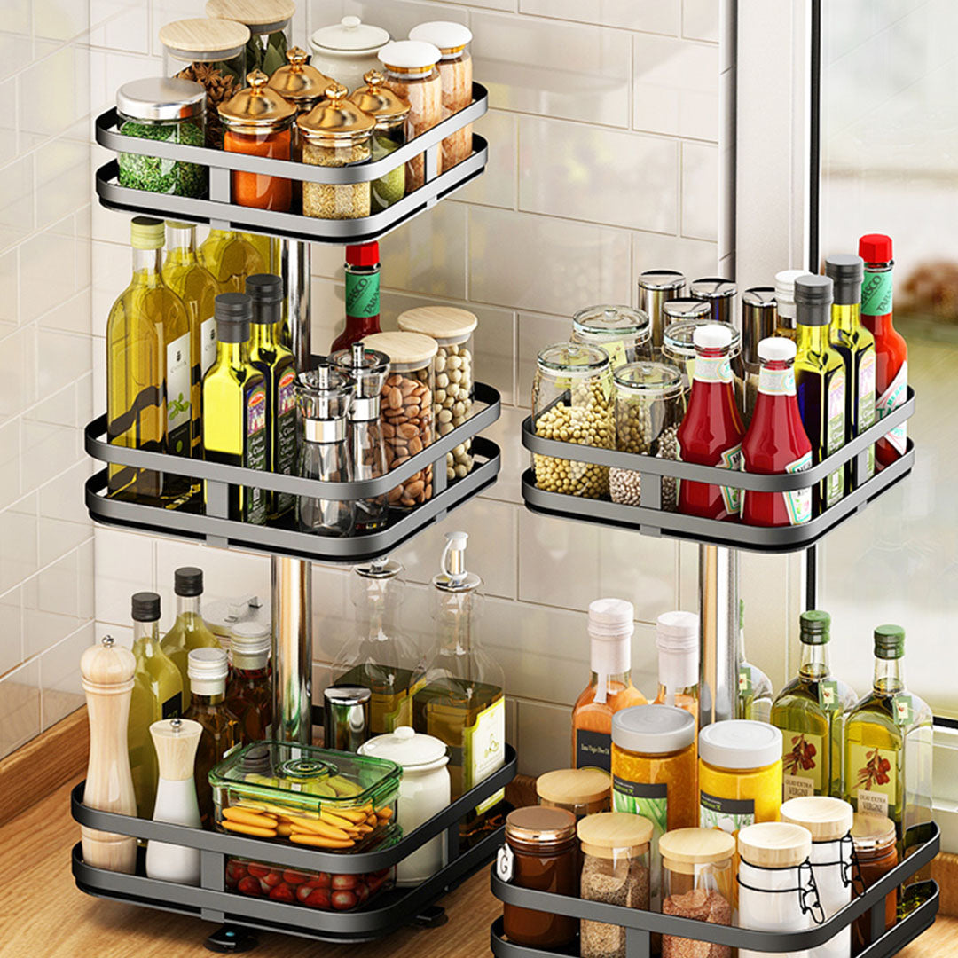 SOGA 2X 3 Tier Steel Black Square Rotating Multi-Function Kitchen Portable Storage Spice Seasoning Kitchen Countertop Organiser Shelf - Cafe Supply