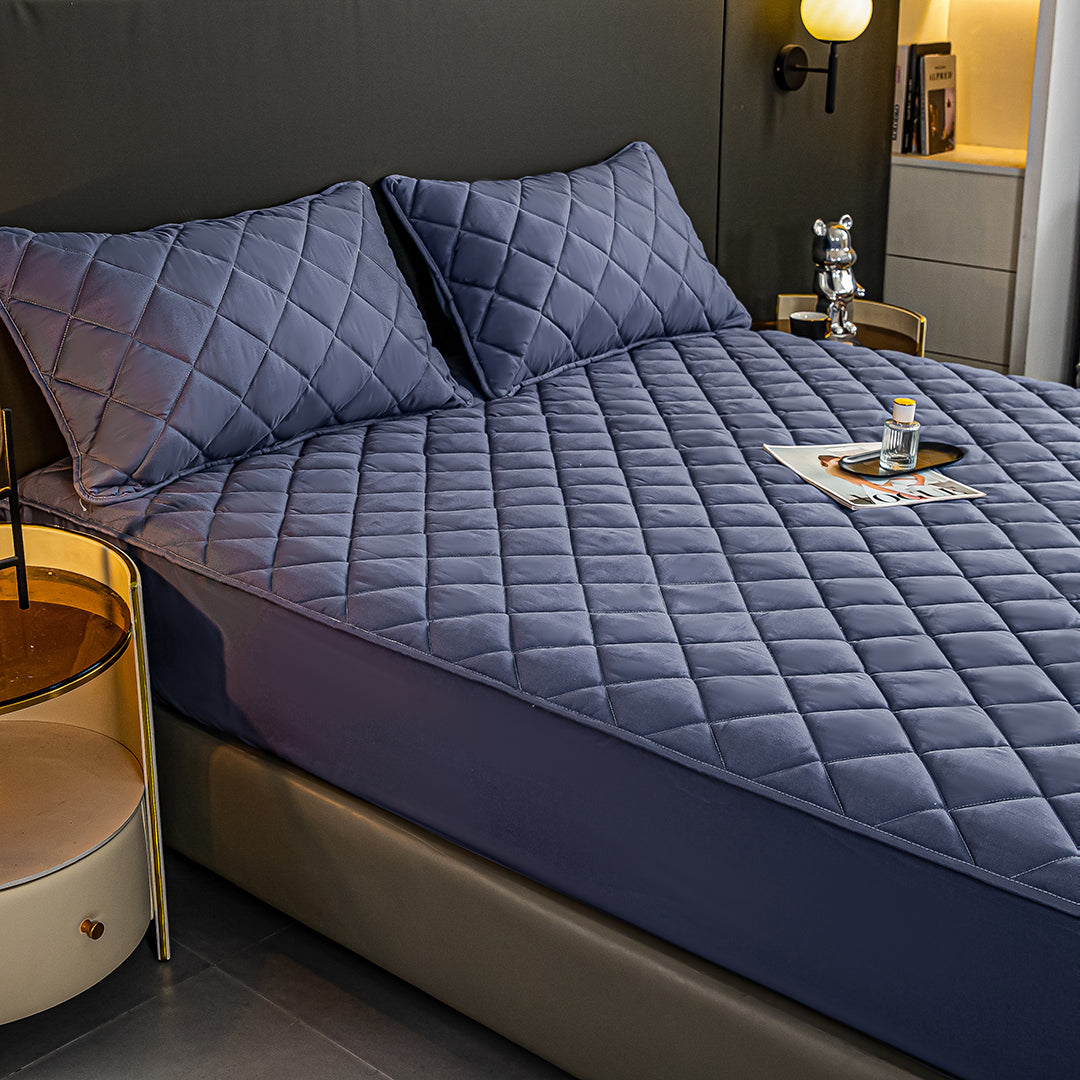 SOGA 2X Blue 183cm Wide Cross-Hatch Mattress Cover Thick Quilted Stretchable Bed Spread Sheet Protector with Pillow Covers - Cafe Supply