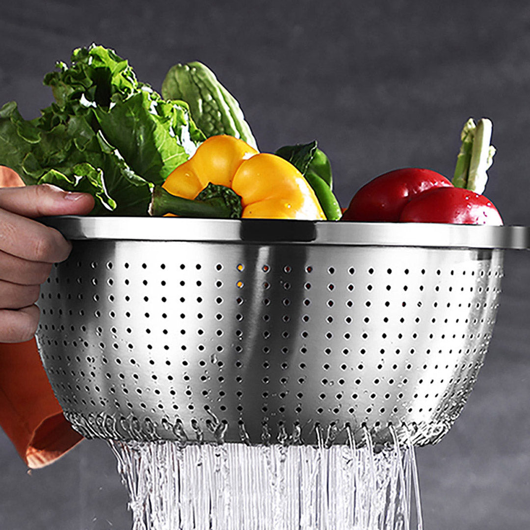 SOGA 2X Stainless Steel Nesting Basin Colander Perforated Kitchen Sink Washing Bowl Metal Basket Strainer Set of 3 - Cafe Supply