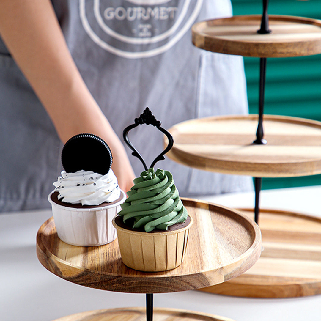 SOGA 2X 20cm 2 Tier Brown  Round Wooden Acacia  Dessert Tray Cake Snacks Cupcake Stand Buffet Serving Countertop Decor - Cafe Supply