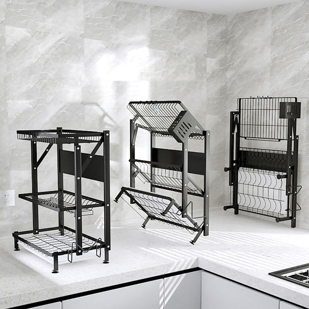SOGA 2 Tier Steel Black Kitchen Countertop Drying Dish Rack Plate Cutlery Cutting Board Holder Dish Drainer Kitchen Organiser - Cafe Supply