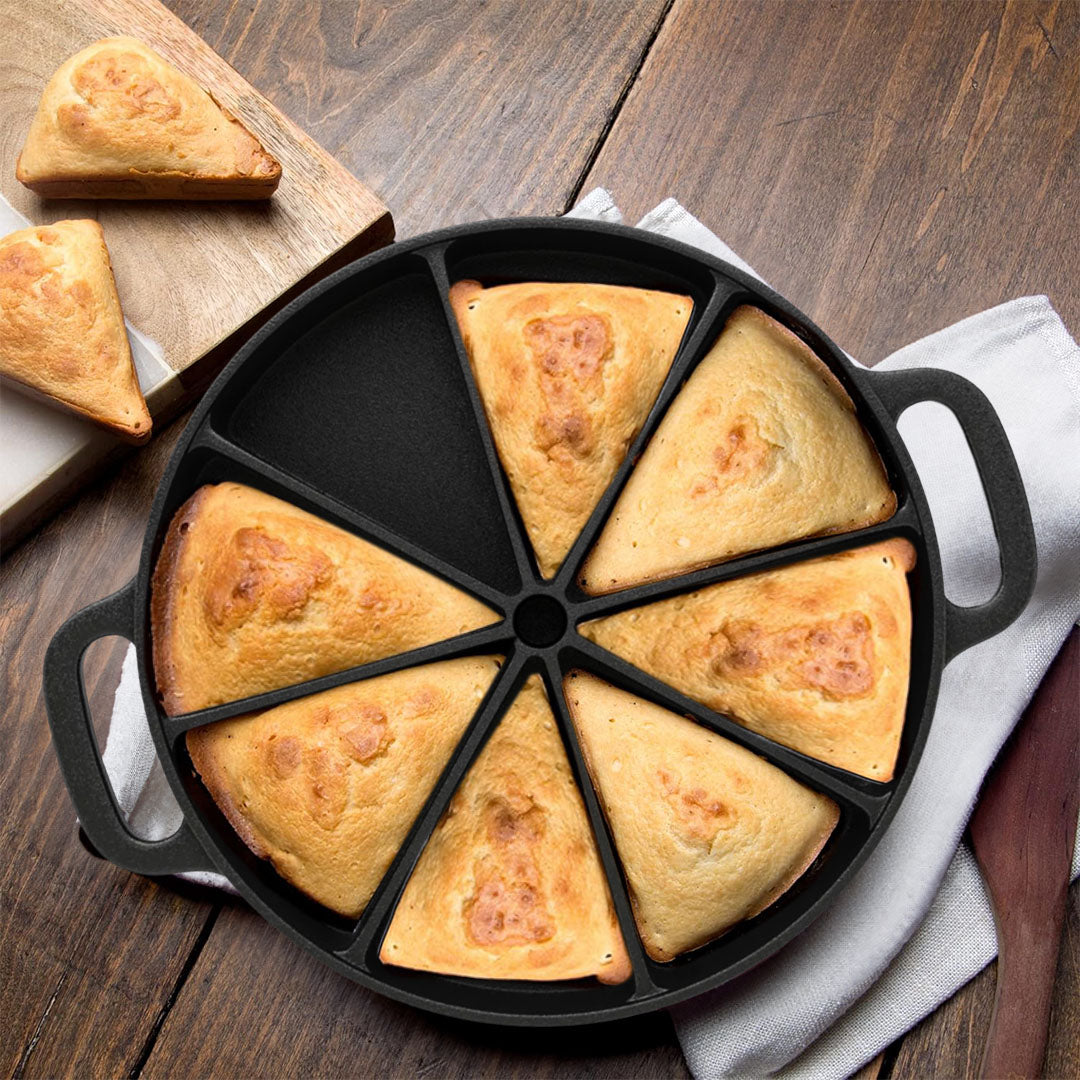 SOGA 2X 21.5CM Round Cast Iron Baking Wedge Pan Cornbread Cake 8-Slice Baking Dish with Handle - Cafe Supply
