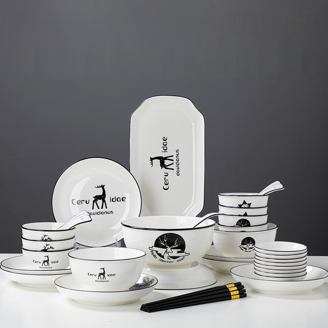 SOGA White Antler Printed Ceramic Dinnerware Set Crockery Soup Bowl Plate Server Kitchen Home Decor Set of 28 - Cafe Supply