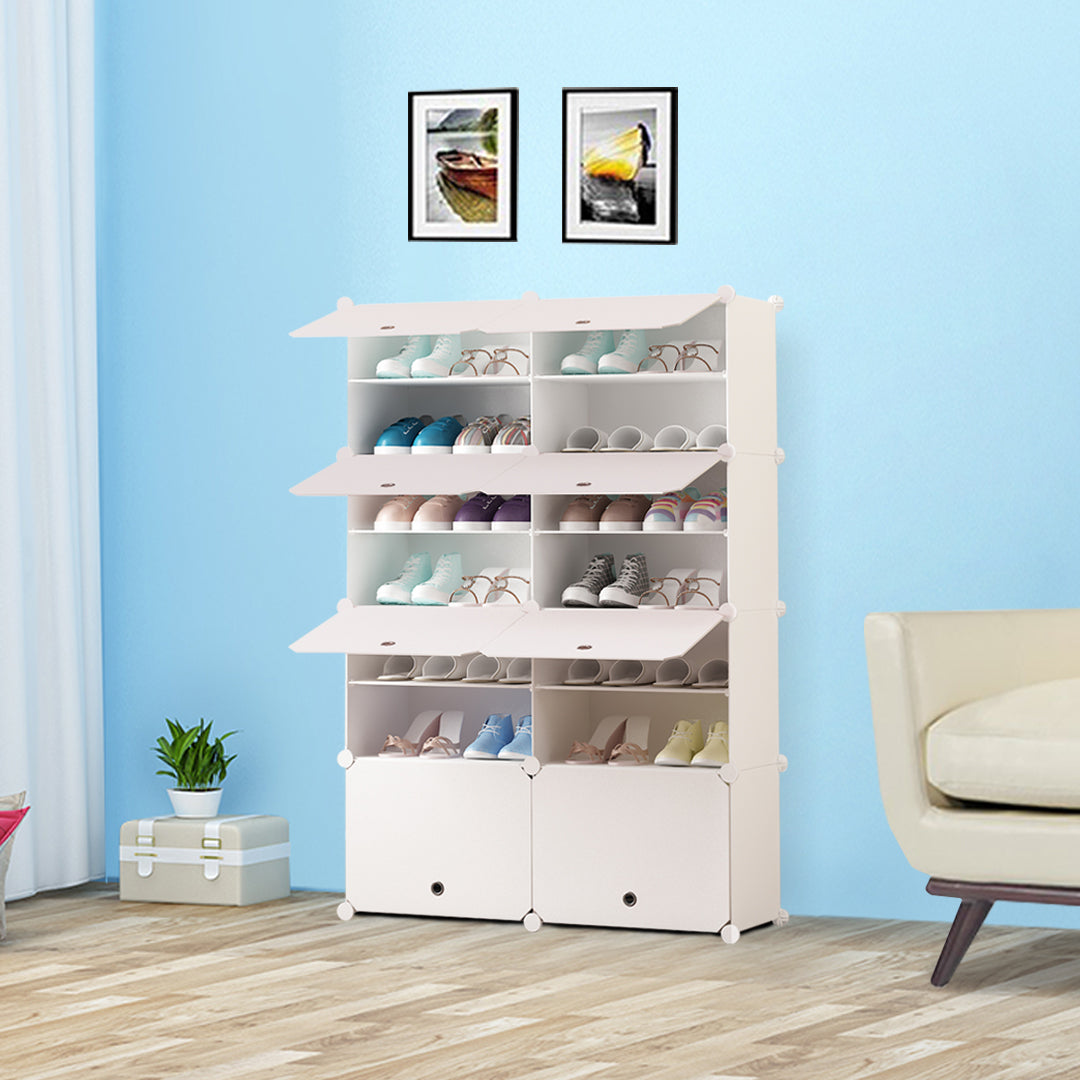 SOGA 7 Tier 2 Column White Shoe Rack Organizer Sneaker Footwear Storage Stackable Stand Cabinet Portable Wardrobe with Cover - Cafe Supply