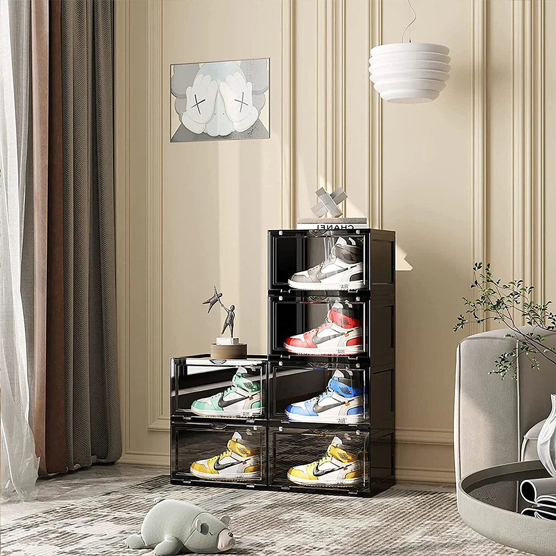 SOGA 2X 6 Tier Black Portable Shoe Organiser Sneaker Footwear Folding Plastic Bin Stackable Storage Box with Magnetic Door - Cafe Supply