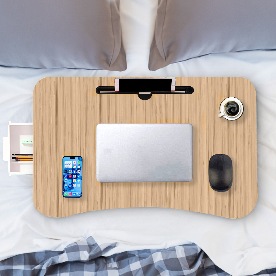 SOGA 2X Oak Portable Bed Table Adjustable Folding Mini Desk Stand With Cup-Holder Home Decor - Cafe Supply