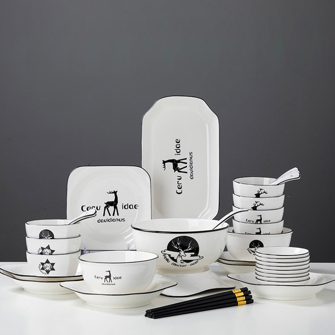 SOGA White Antler Printed Ceramic Dinnerware Set Crockery Soup Bowl Plate Server Kitchen Home Decor Set of 28 - Cafe Supply