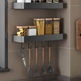 SOGA 2X 42cm Black Wall-Mounted Rectangular Kitchen Spice Storage Organiser Space Saving Condiments Shelf Rack with Hooks - Cafe Supply