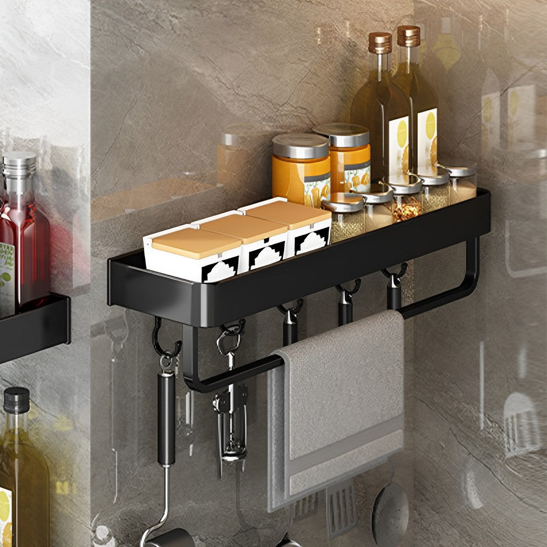 SOGA 2X 52cm Black Wall-Mounted Rectangular Kitchen Spice Storage Organiser Space Saving Condiments Shelf Rack with Hooks - Cafe Supply