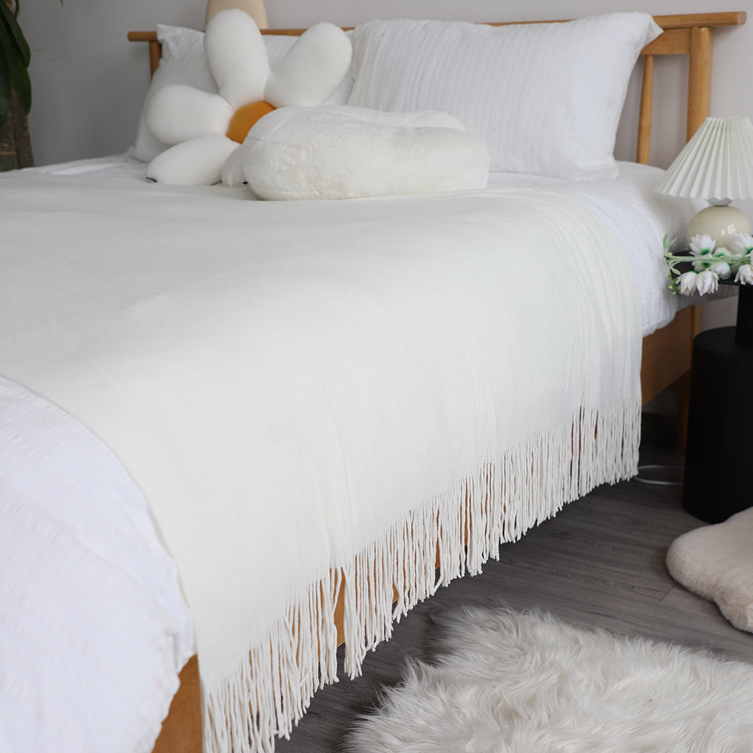 SOGA White Acrylic Knitted Throw Blanket Solid Fringed Warm Cozy Woven Cover Couch Bed Sofa Home Decor - Cafe Supply