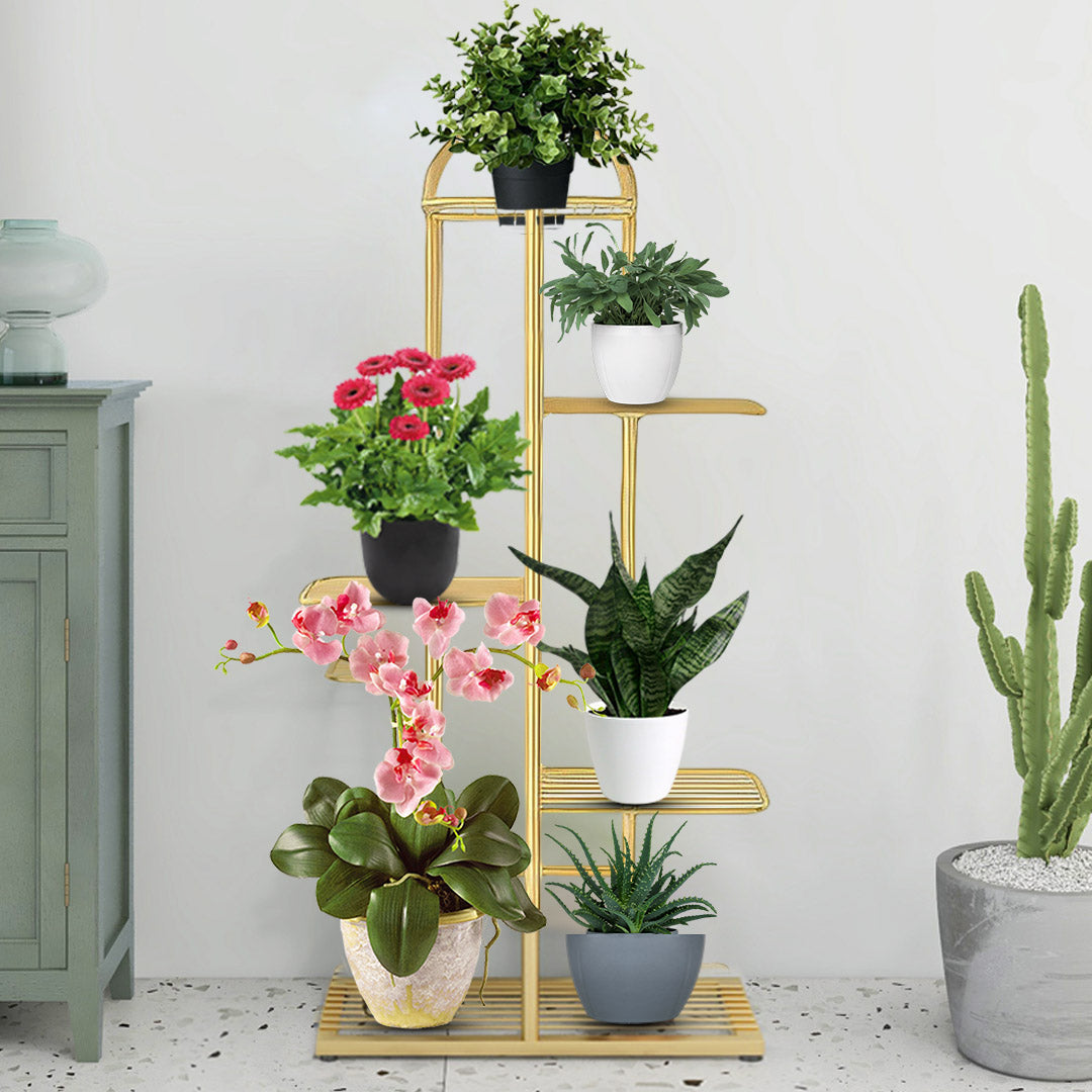 SOGA 5 Tier 6 Pots Gold Metal Plant Stand Flowerpot Display Shelf Rack Indoor Home Office Decor - Cafe Supply