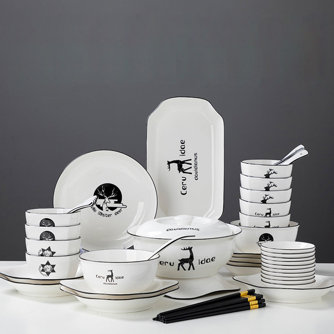 SOGA White Antler Printed Ceramic Dinnerware Set Crockery Soup Bowl Plate Server Kitchen Home Decor Set of 34 - Cafe Supply