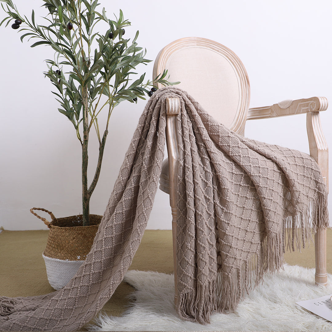 SOGA 2X Coffee Diamond Pattern Knitted Throw Blanket Warm Cozy Woven Cover Couch Bed Sofa Home Decor with Tassels - Cafe Supply