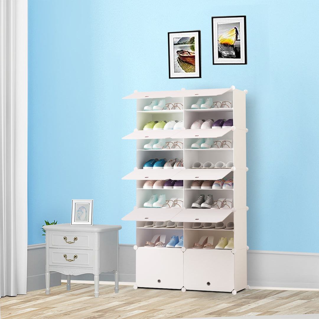 SOGA 9 Tier 2 Column White Shoe Rack Organizer Sneaker Footwear Storage Stackable Stand Cabinet Portable Wardrobe with Cover - Cafe Supply
