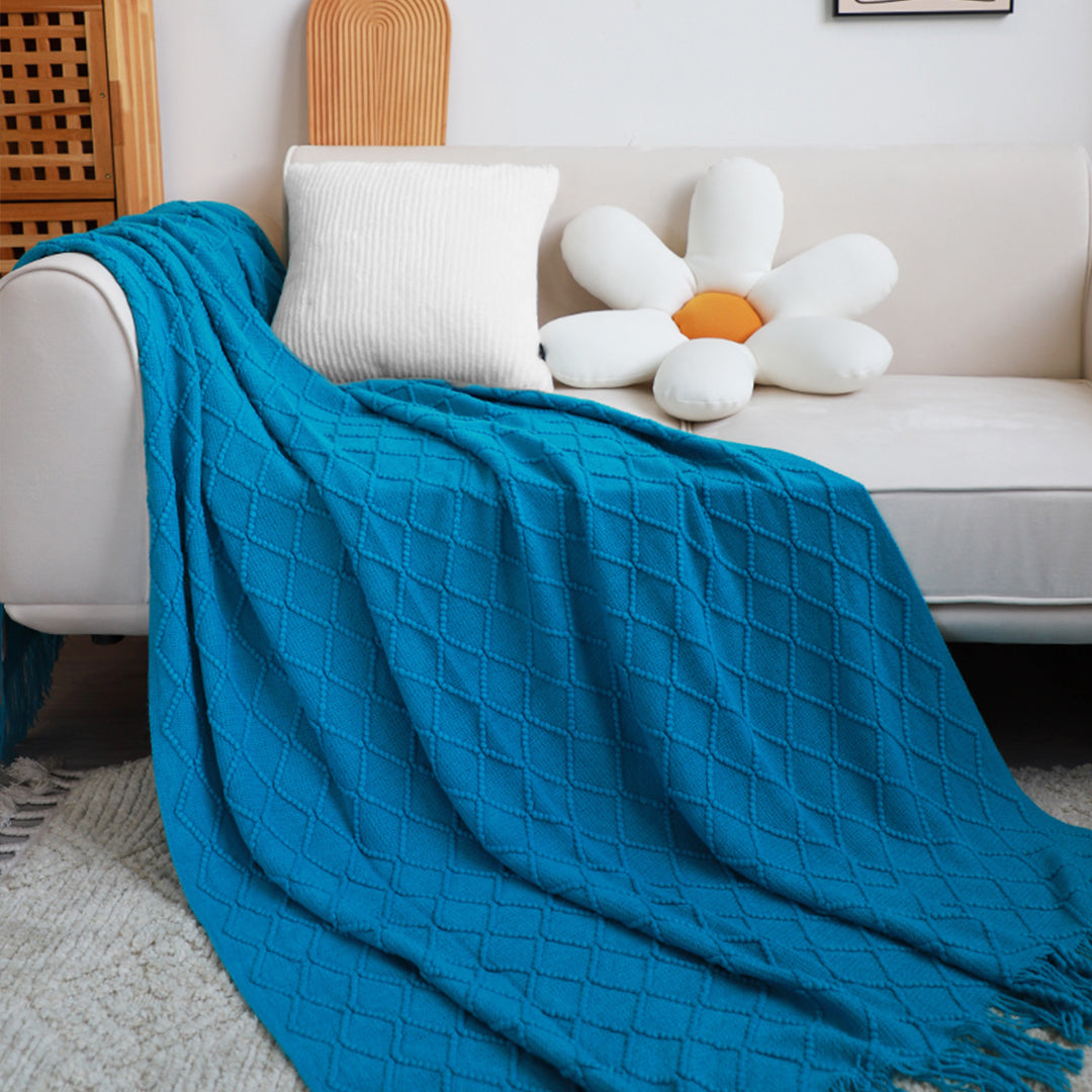 SOGA Blue Diamond Pattern Knitted Throw Blanket Warm Cozy Woven Cover Couch Bed Sofa Home Decor with Tassels - Cafe Supply