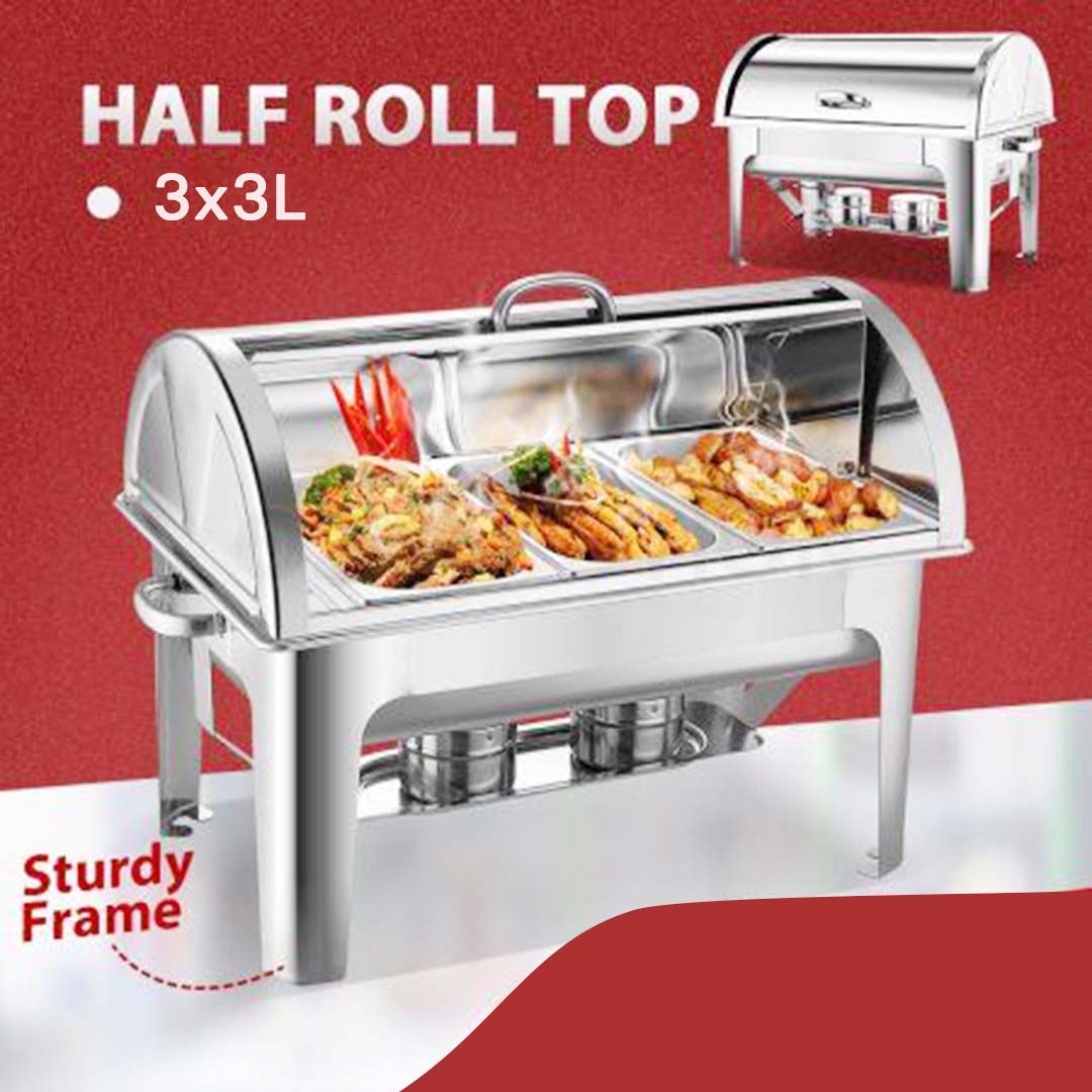 SOGA 4X 3L Triple Tray Stainless Steel Roll Top Chafing Dish Food Warmer - Cafe Supply